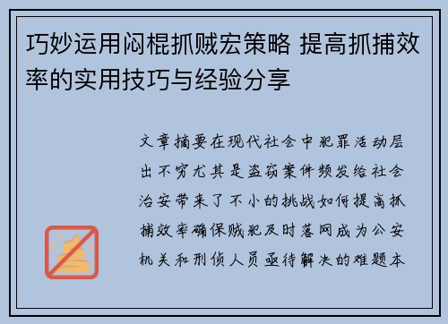 巧妙运用闷棍抓贼宏策略 提高抓捕效率的实用技巧与经验分享
